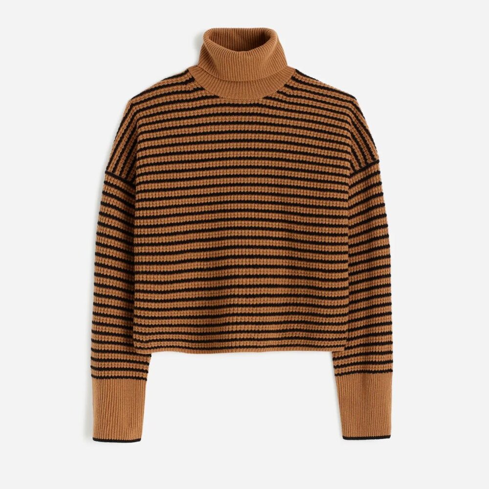Wool Waffle-Knit Turtleneck in Stripe